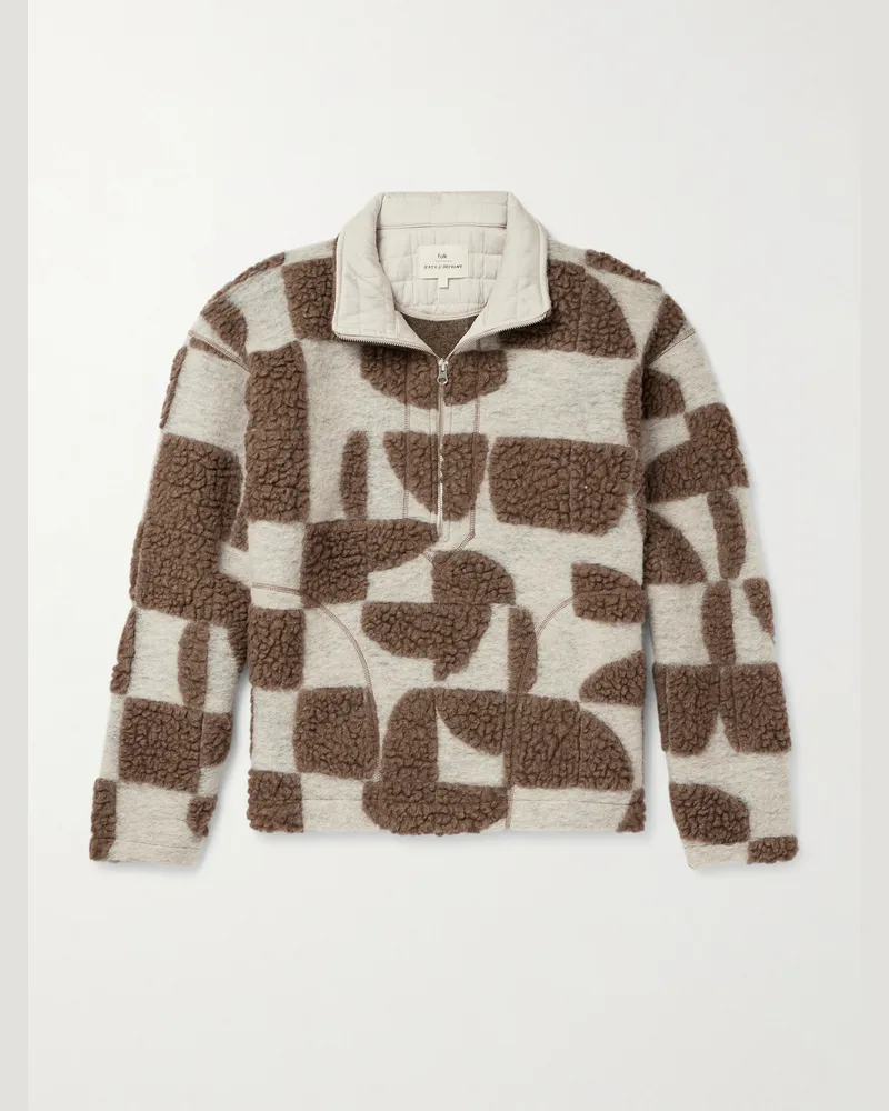 Folk Sweatshirt aus einer Wollmischung und Fleece mit kurzem Reißverschluss Braun