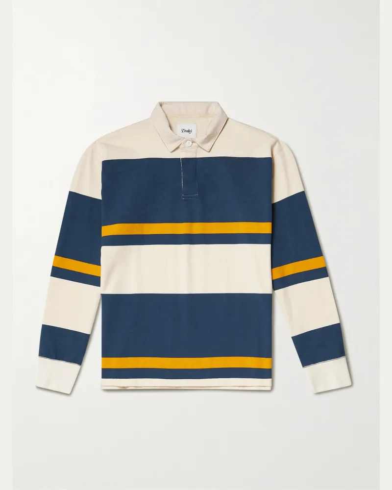 Drake's HIM Oberteil aus gestreiftem Baumwoll-Jersey mit Twill-Besatz und Polokragen Blau