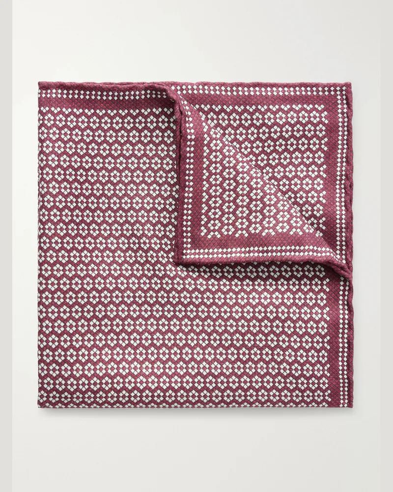 Brunello Cucinelli Printed Silk Pocket Square Burgundy