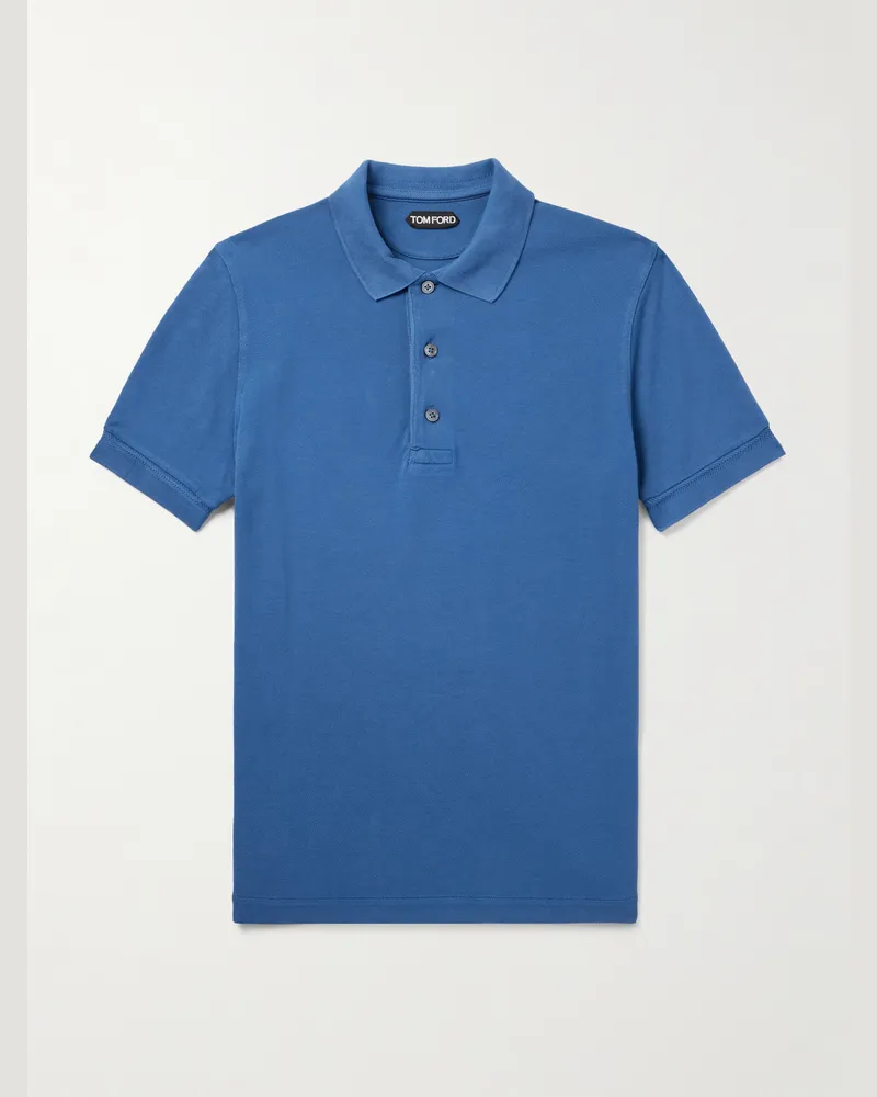 Tom Ford Schmal geschnittenes Polohemd aus Piqué aus einer Lyocell-Baumwollmischung Blau