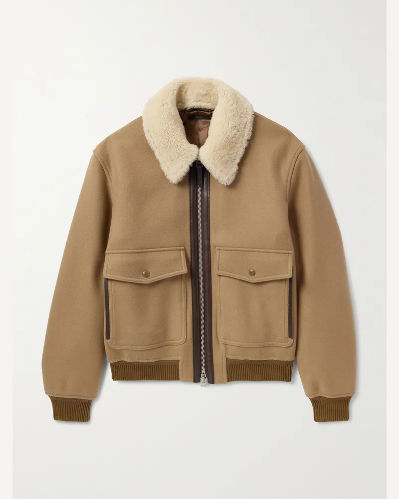 Tom Ford Shearling and Leather-Trimmed Virgin Wool Aviator Jacket Brown