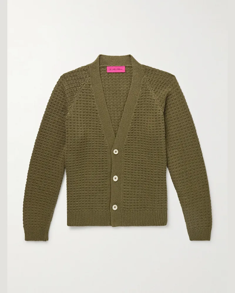 The Elder Statesman Nora Lite Waffle-Knit Cotton Cardigan Green