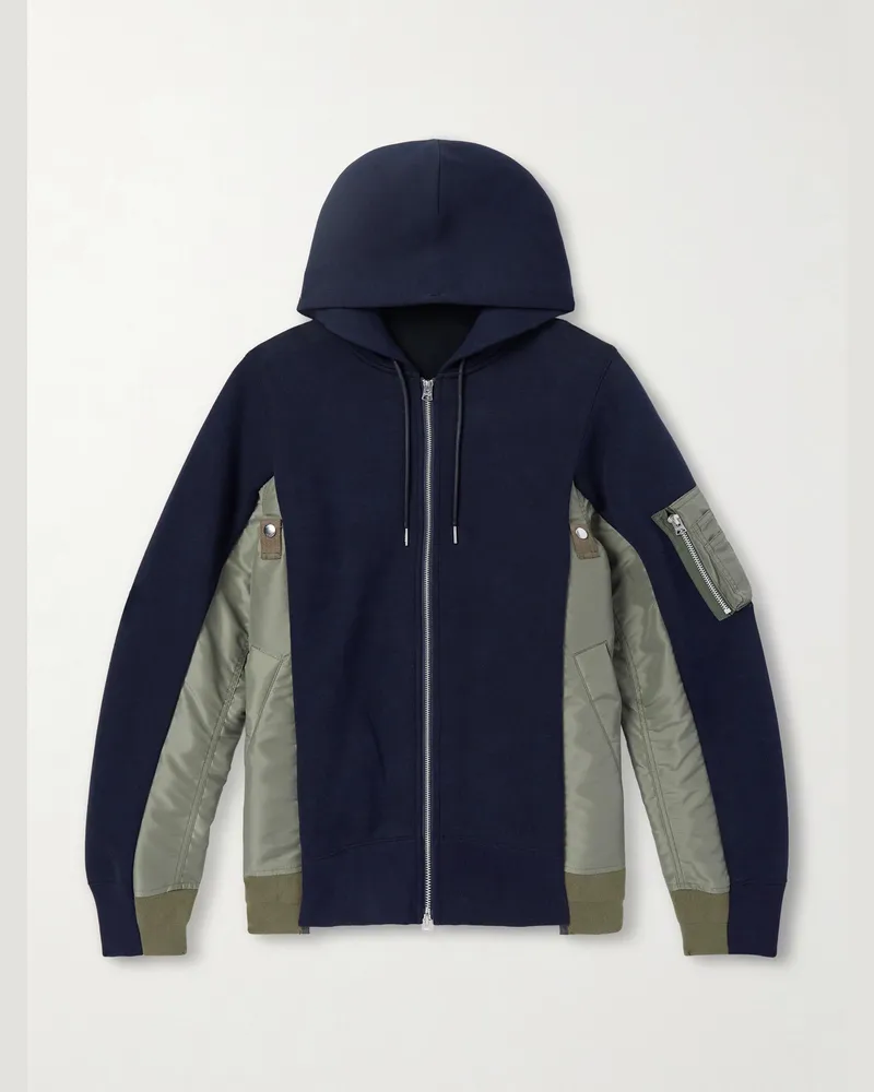 Sacai MA Kapuzenjacke aus Jersey aus einer Baumwollmischung mit Nylon-Besatz und Reißverschluss Blau