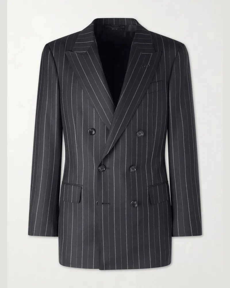 Tom Ford Atticus Slim-Fit Double-Breasted Striped Wool-Twill Suit Jacket Black