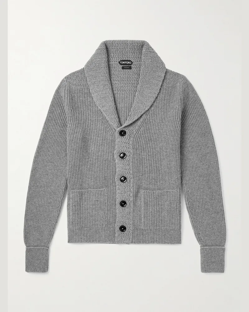Tom Ford Shawl-Collar Ribbed Cashmere Cardigan Gray