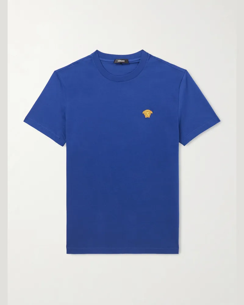 Versace Logo-Embroidered Cotton-Jersey T-Shirt Blue
