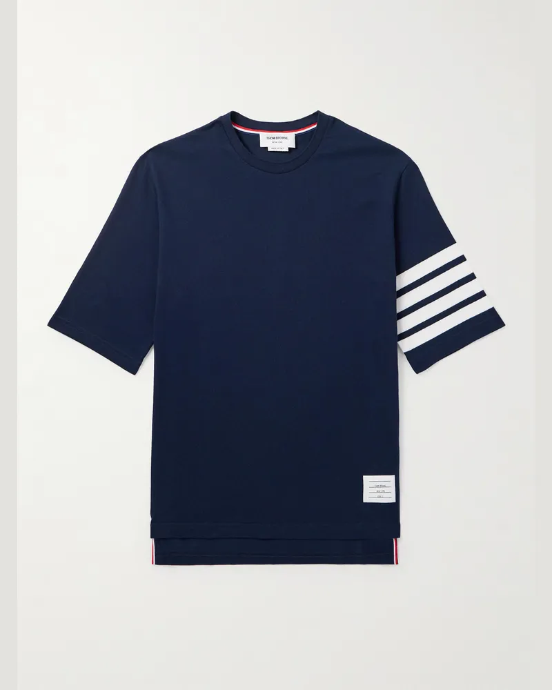Thom Browne Logo-Appliquéd Striped Cotton-Jersey T-Shirt Blue