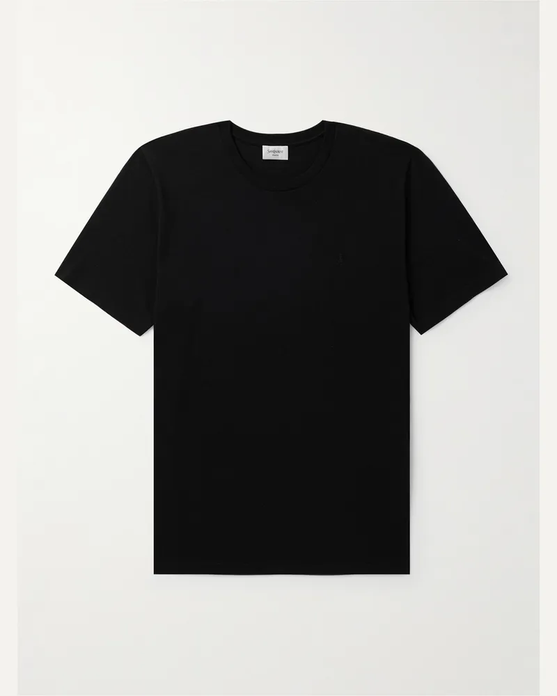 Saint Laurent Logo-Embroidered Cotton-Jersey T-Shirt Black