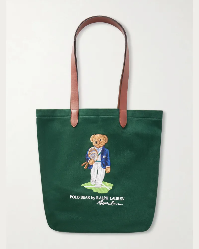 Ralph Lauren Wimbledon Embroidered Leather-Trim Medium Cotton Tote Bag Green