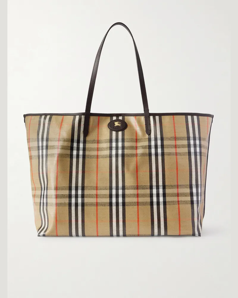 Burberry Full-Grain Leather-Trimmed Checked Coated-Canvas Tote Bag Neutrals