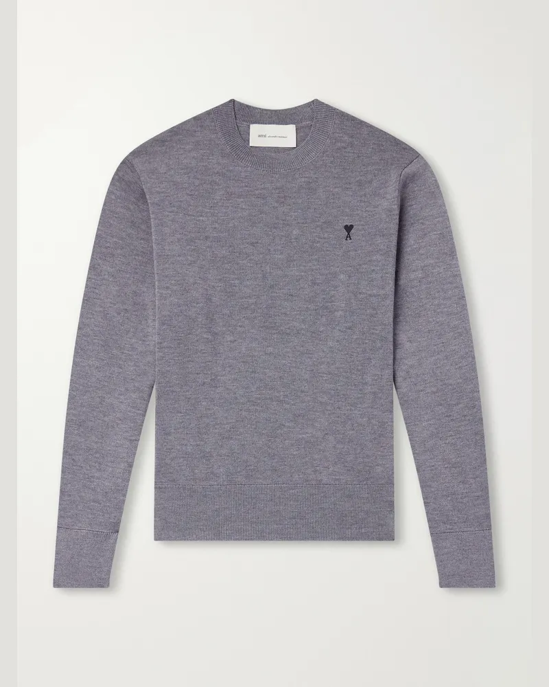 AMI Paris ADC Logo-Embroidered Merino Wool Sweater Gray