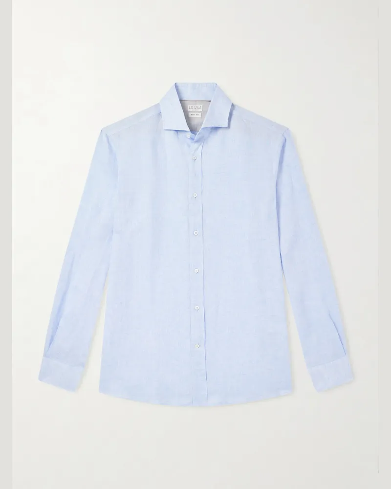 Brunello Cucinelli Hemd aus Leinen mit Cutaway-Kragen Blau