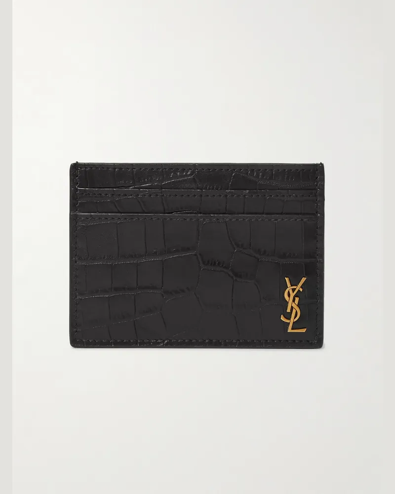 Saint Laurent Kartenetui aus Leder mit Krokodileffekt und Logoapplikation Schwarz