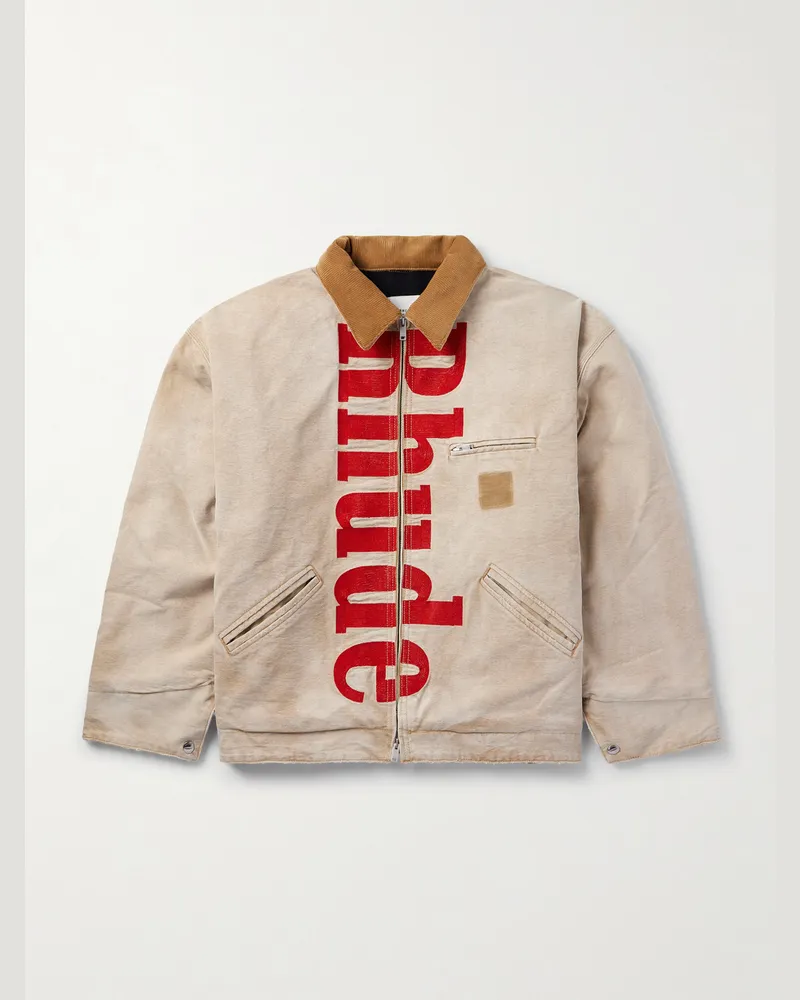 RHUDE Bomberjacke aus Baumwoll-Canvas mit Cordkragen und Logoprint in Distressed-Optik Neutral