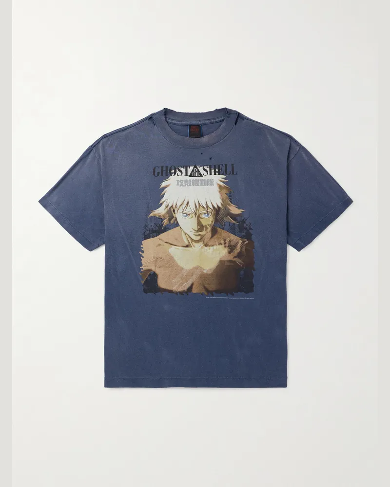 SAINT MXXXXXX Ghost in the Shell Distressed Printed Cotton-Jersey T-Shirt Blue