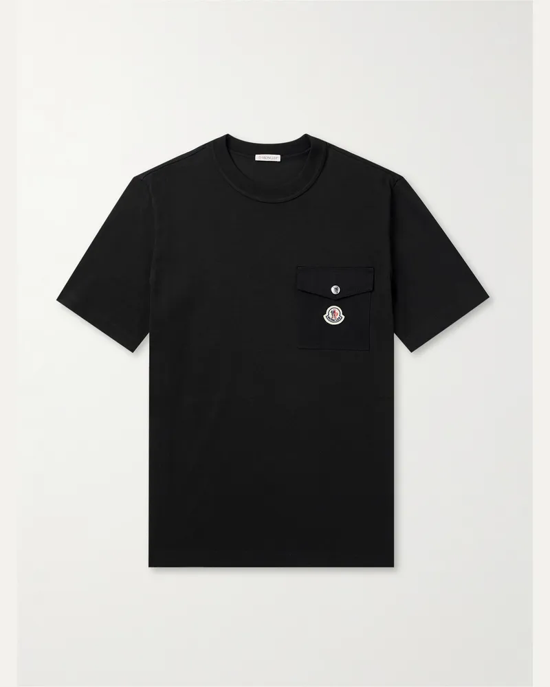 Moncler T-Shirt aus Baumwoll-Jersey mit Twill-Besatz und Logoapplikation Schwarz