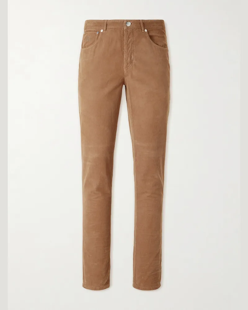 Brunello Cucinelli Straight-Leg Cotton-Corduroy Trousers Brown