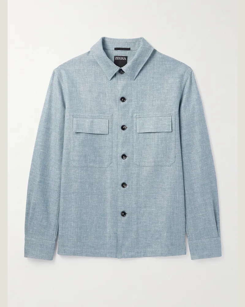 Ermenegildo Zegna Hemdjacke aus Webstoff mit Lederbesatz Blau