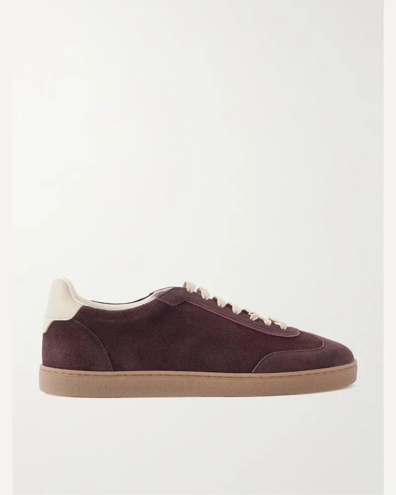 Brunello Cucinelli Coda di Rondine Leather-Trimmed Waxed-Suede Sneakers Burgundy