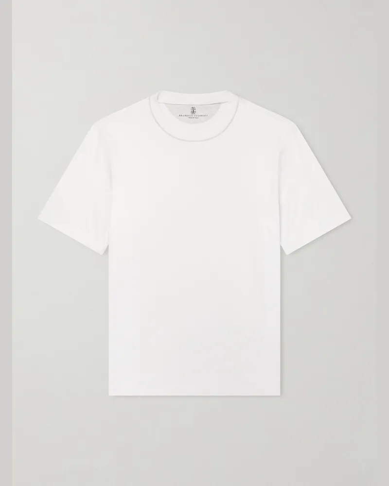 Brunello Cucinelli Piped Cotton-Jersey T-Shirt White