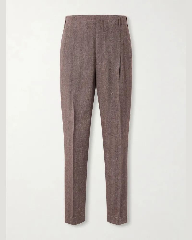 Brunello Cucinelli Straight-Leg Pleated Linen and Wool-Blend Suit Trousers Brown