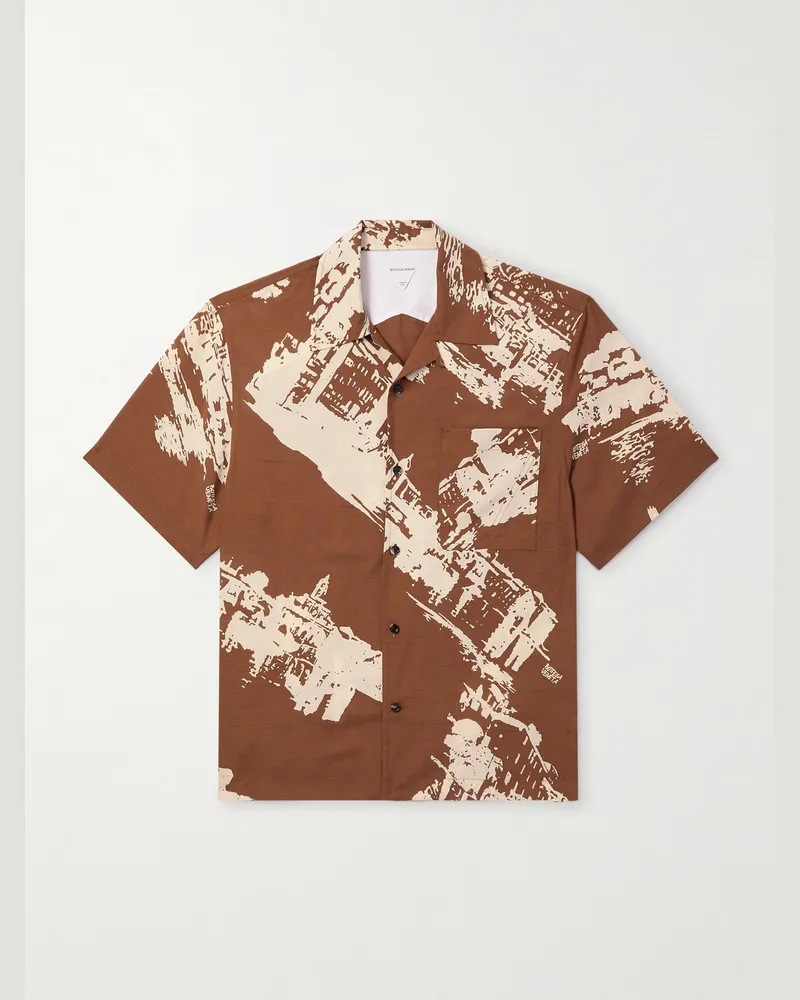 Bottega Veneta Convertible-Collar Printed Silk and Cotton-Blend Shantung Shirt Brown