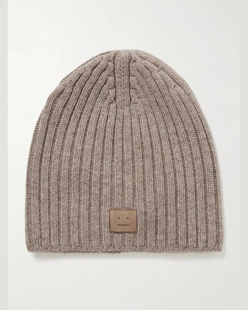 Acne Studios Kubi Beanie aus einer Woll-Yakwollmischung in Rippstrick mit Logoapplikation Braun