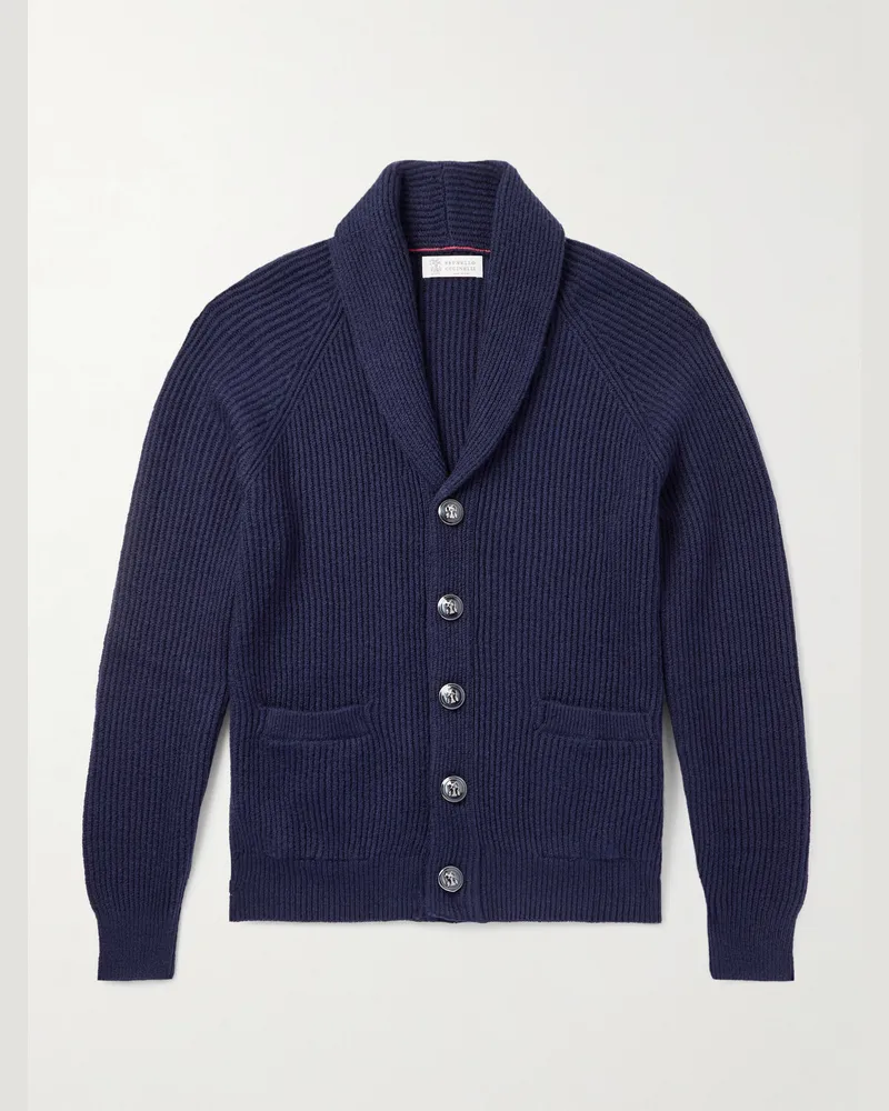 Brunello Cucinelli Cardigan aus Baumwolle in Rippstrick mit Schalkragen Blau