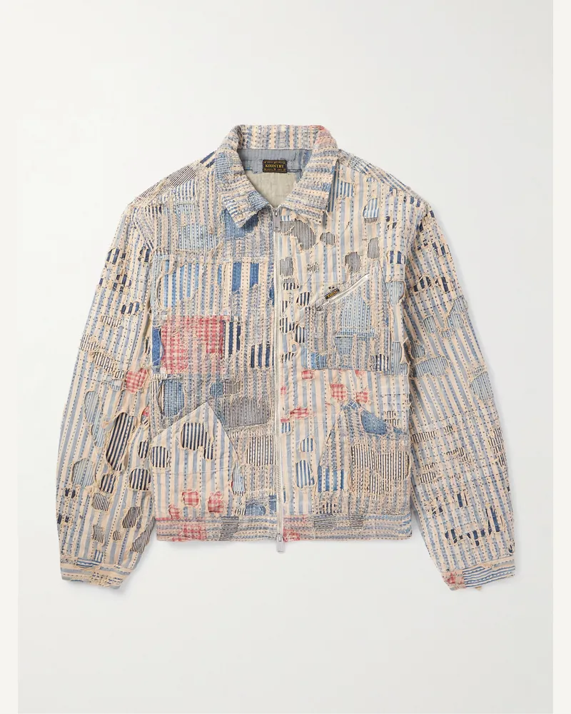 KAPITAL Boro Distressed Patchwork Cotton and Linen-Blend Zip-Up Jacket Blue