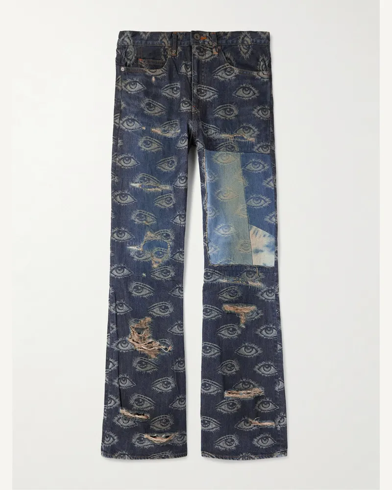 KAPITAL Speakeasy schmal geschnittene Jeans in Distressed-Optik mit Print und ausgestelltem Bein Blau