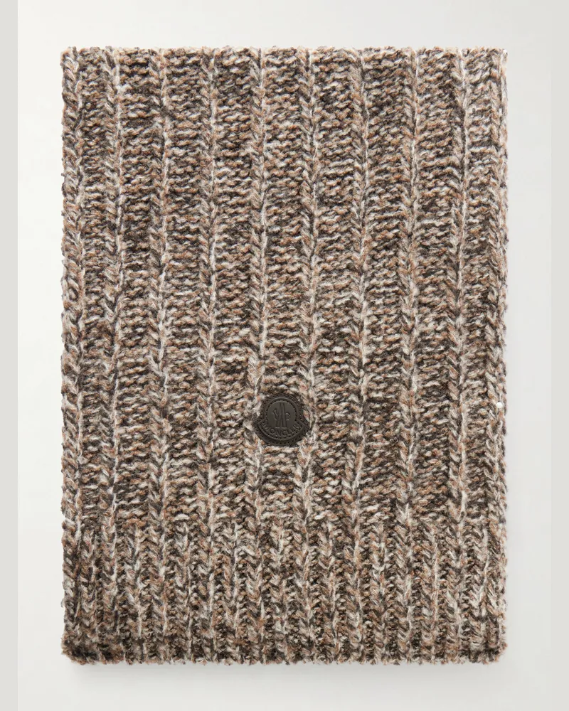 Moncler Logo-Appliquéd Ribbed Wool-Blend Scarf Brown