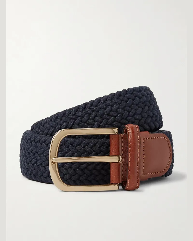 Anderson & Sheppard 3.5cm Leather-Trimmed Woven Elastic Belt Blue
