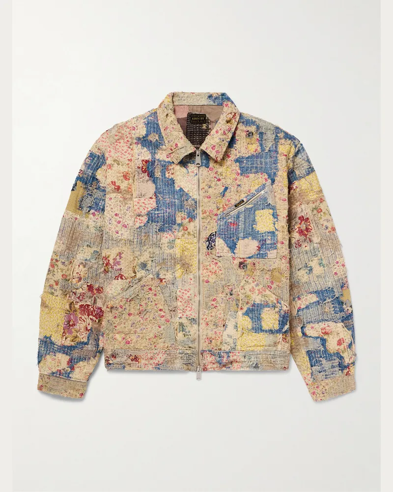 KAPITAL Boro Jacke aus einer Baumwoll-Leinenmischung in Patchwork- und Distressed-Optik mit Reißverschluss Neutral