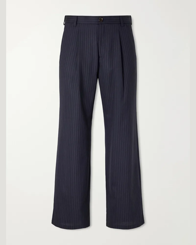 Oliver Spencer Orsman Wide-Leg Pinstriped Wool Pants Blue