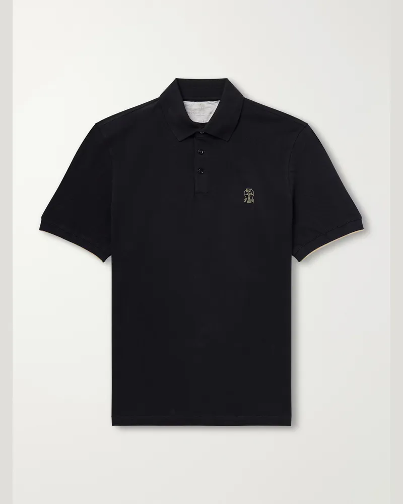 Brunello Cucinelli Logo-Print Cotton-Piqué Polo Shirt Black