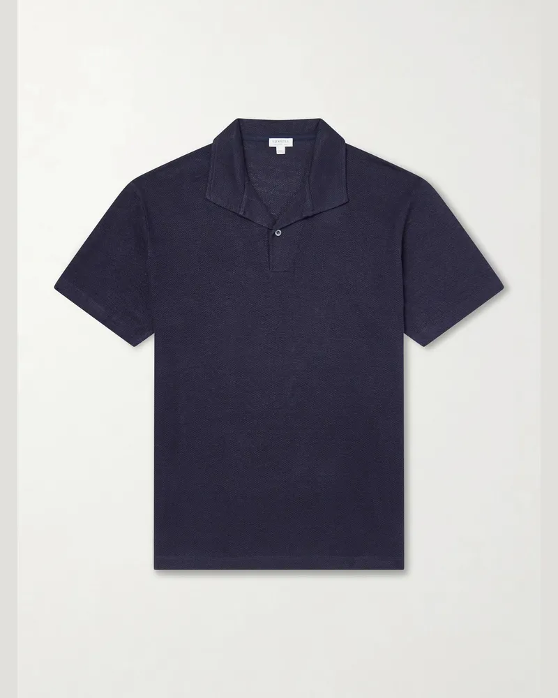 Sunspel Linen-Piqué Polo Shirt Blue