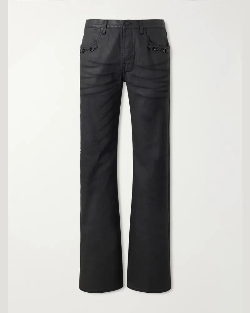 Gucci Flared Horsebit-Detailed Coated Cotton-Blend Twill Trousers Black