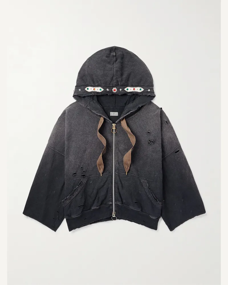 KAPITAL Kapuzenjacke aus Baumwoll-Jersey mit Reißverschluss und Verzierungen in Distressed-Optik Schwarz