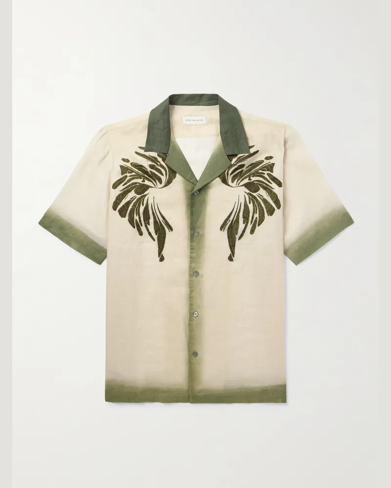 Dries van Noten Camp-Collar Embroidered Dégradé Ramie Shirt Green