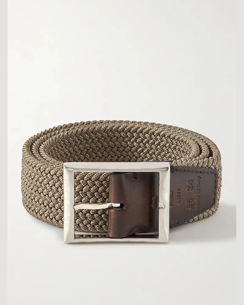 Berluti 3.5cm Leather-Trimmed Woven Elastic Belt Neutrals