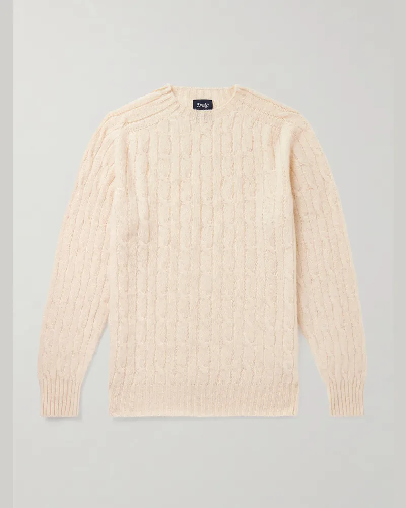 Drake's Zopfstrickpullover aus gebürsteter Wolle Neutral
