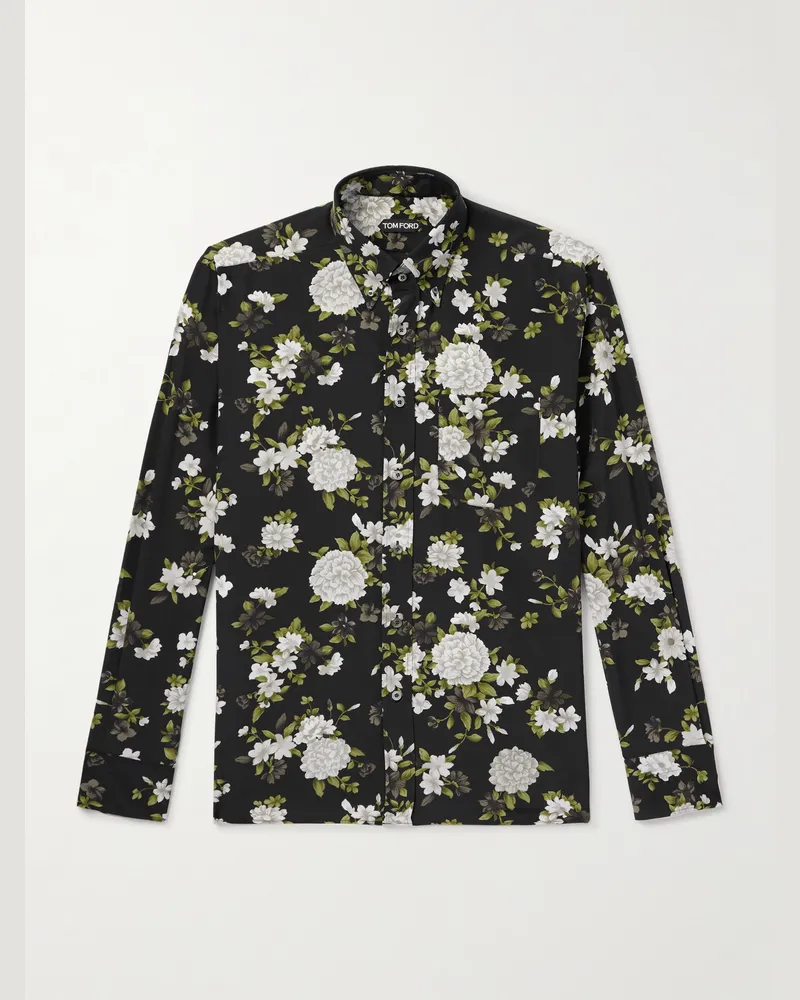 Tom Ford Hendrix Hemd aus Seiden-Crêpe mit Blumenprint und Button-Down-Kragen Schwarz
