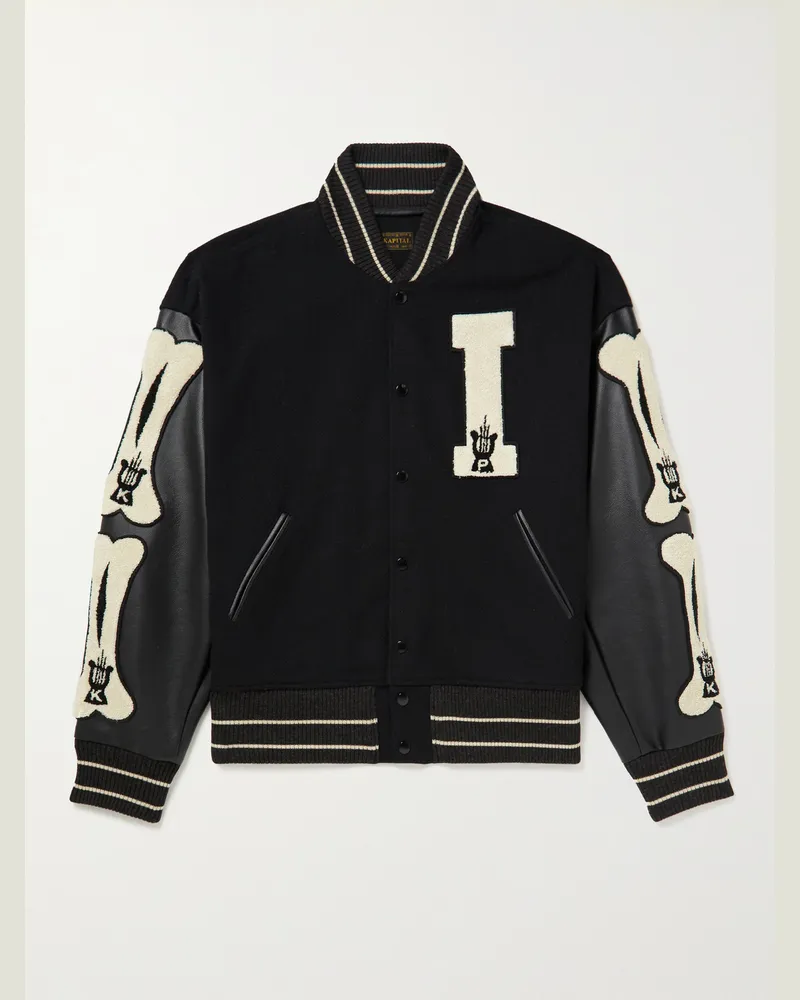 KAPITAL Faux Leather and Wool-Blend Varsity Jacket Black