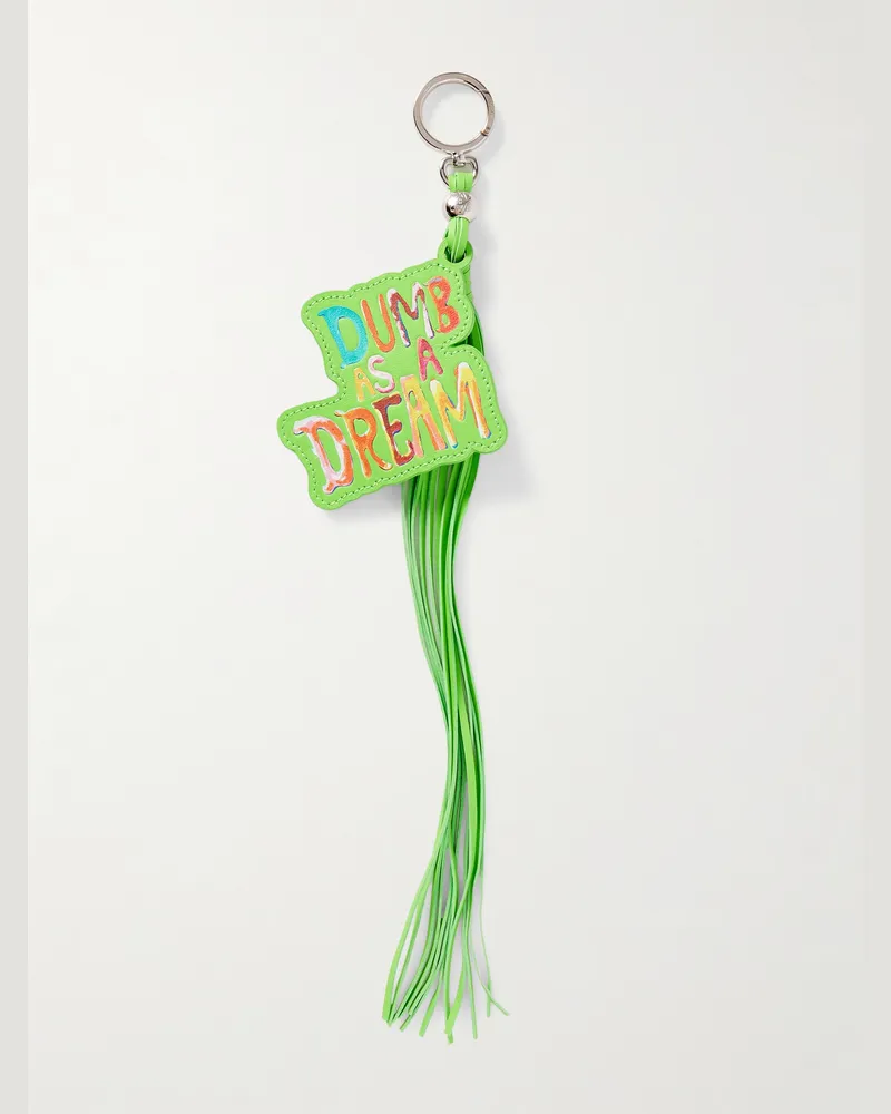 Loewe Dumb as a Dream Taschenanhänger aus bedrucktem Leder mit silberfarbenen Details und Fransen Grün