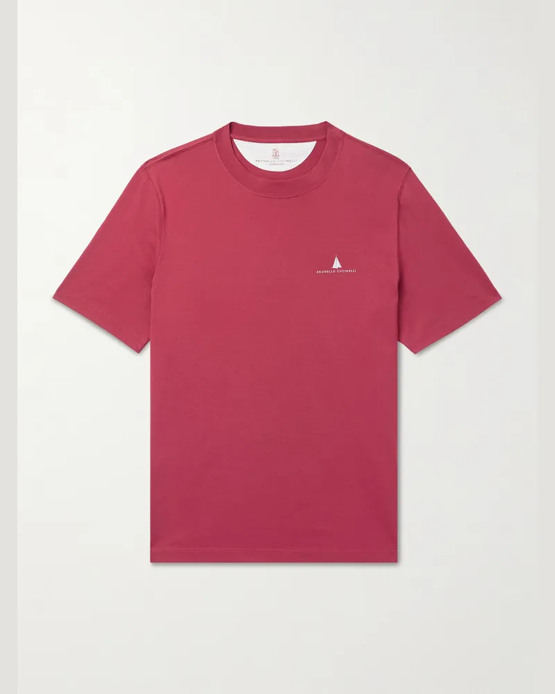Brunello Cucinelli Schmal geschnittenes T-Shirt aus Baumwoll-Jersey mit Logoprint Rot