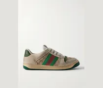 Screener Monogrammed Canvas and Webbing-Trimmed Distressed Leather Sneakers