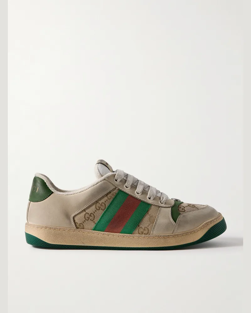 Gucci Screener Monogrammed Canvas and Webbing-Trimmed Distressed Leather Sneakers Neutrals