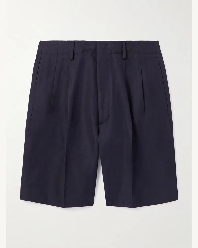 Loro Piana Joetsu Straight-Leg Pleated Cotton and Linen-Blend Twill Bermuda Shorts Blue