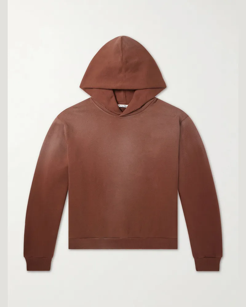 Acne Studios Franziska Garment-Dyed Distressed Logo-Print Cotton-Blend Jersey Hoodie Brown