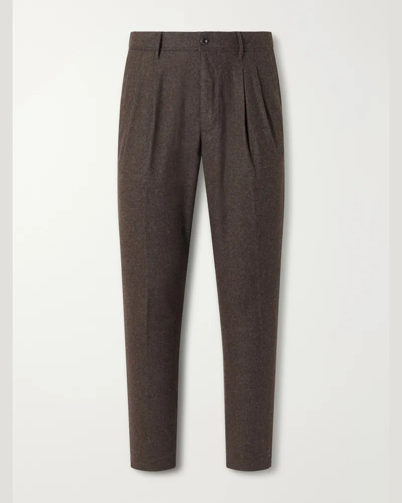 Slowear Tapered Pleated Wool-Blend Flannel Trousers Brown